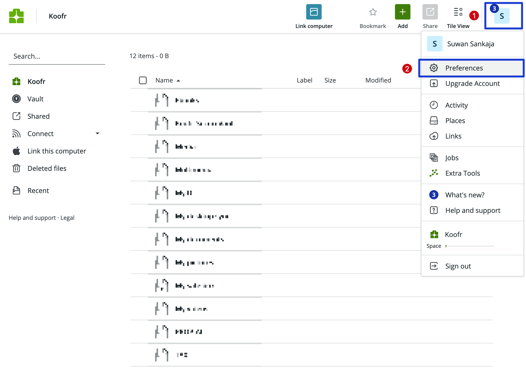 Koofr dashboard showing profile menu with Preferences highlighted