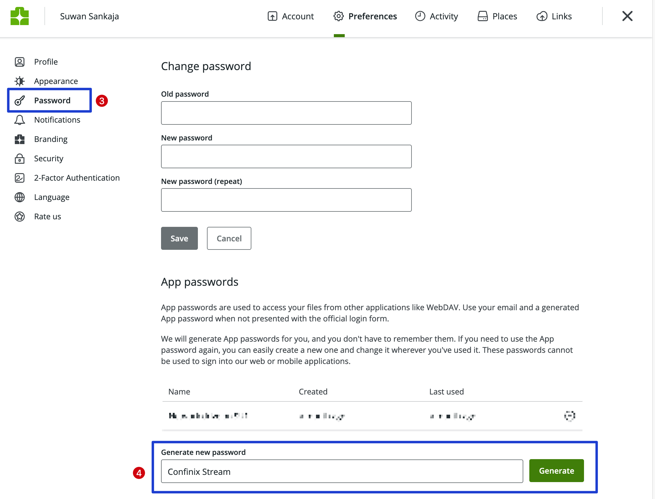 Koofr password settings showing Generate new password field with Confinix Stream entered