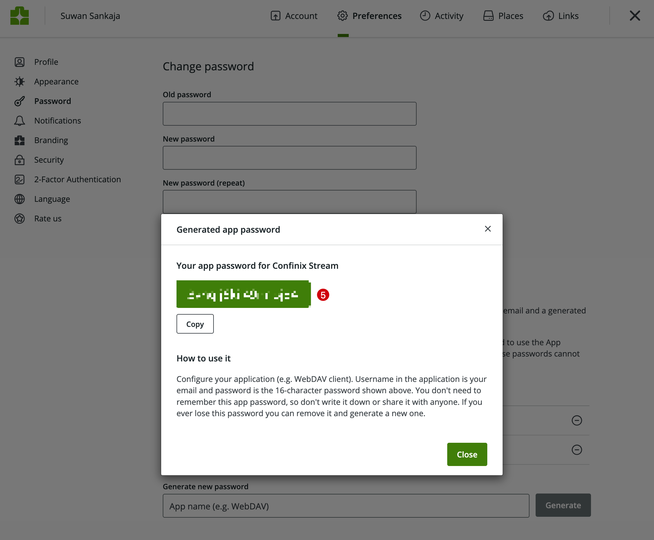 Generated app password dialog showing the password for Confinix Stream